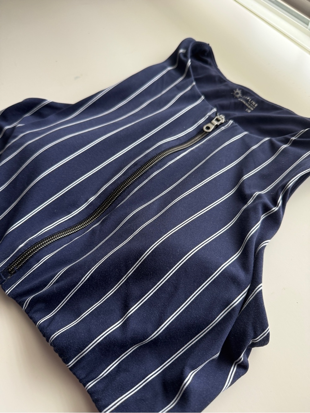 aerie Navy and White Striped Zip-Front Sports Bra